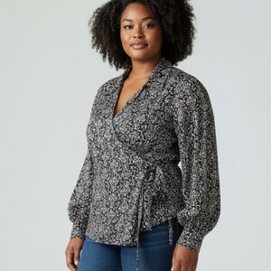 JM Collection Wrap Blouse Womens Black White Floral Print Long Sleeve size 20W